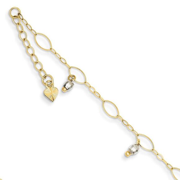 14k Two Toned Gold Dangling Bead Anklet, 9 Inch - Picture 1 of 4